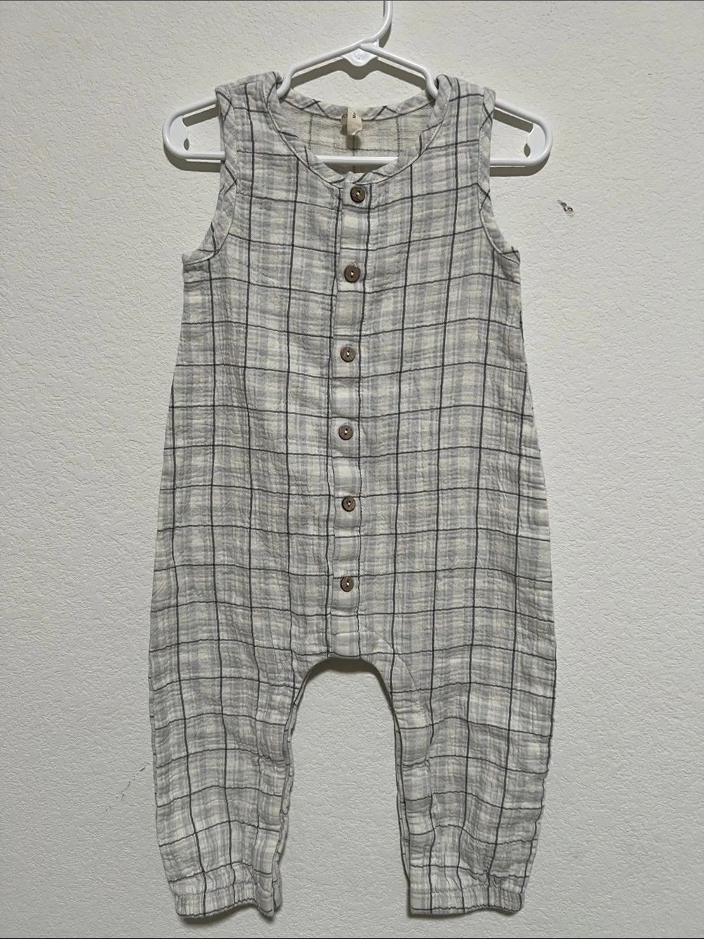 Quincy Mae 18-24 mos Light Gray Plaid Button Romper organic cotton
